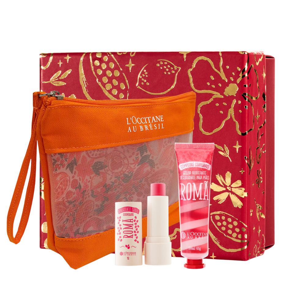 Essenciais de Romã: Hidratante Labial, Geleia para Mãos e Nécessaire