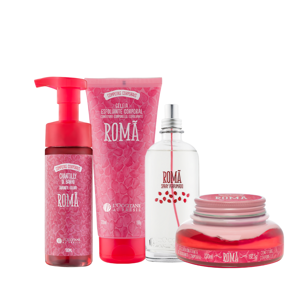 Combo Romã: Chantilly de Banho, Geleia Esfoliante, Hidratante e Spray Perfumado